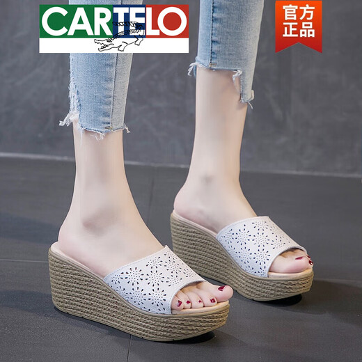 Cartelo Sandalias de alta gama para mujeres Summer 2025 Nuevo tacón hueco Flip-flop Cake de esponja de cuero genuino Suella de ropa de tacón alto con tacón grueso A6210 Color de luna 37