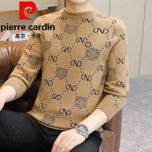 皮尔卡丹（pierre cardin）圆领保暖长袖男士毛衣高品质烫钻套头时尚打底衫休闲个性上衣 咖啡色6010 L 穿115-130