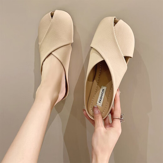 Ldvey Lazy Bag Head Hälfte Hausschuhe für Frauen im Sommer tragen modische 2025 Neue Art der schwangeren Frauen Anti-Rutsch flacher Lösche französische Sandalen Fischschuhe Aprikosenfarbe 39 kleiner