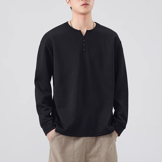 Baleno Henley collar men's long-sleeved sweatshirt, men's autumn trendy top, velvet style, spring and autumn style inner layering shirt, men's t-shirt, black regular L