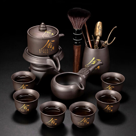 Zhengyang purple sand stone grinding automatic tea set household kung fu tea cup lazy tea maker rotating water decal complete set purple sand automatic (willing) six cups + tea ceremony