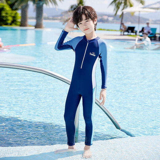 Youyou boys' swimsuit long-sleeved one-piece medium and large children's sun protection swimming pool quick-drying swimming four-piece set 32685 dark blue 3XL