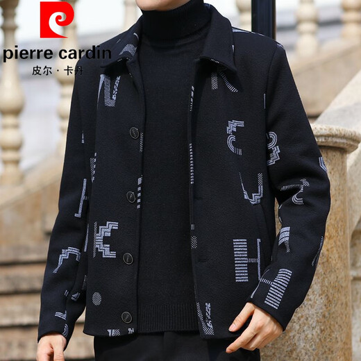 Pierre Cardin men's high-end short lapel jacket spring and autumn casual business color-blocked executive plaid buttoned top black regular XL 120-135Jin Jin equals 0.5 kg