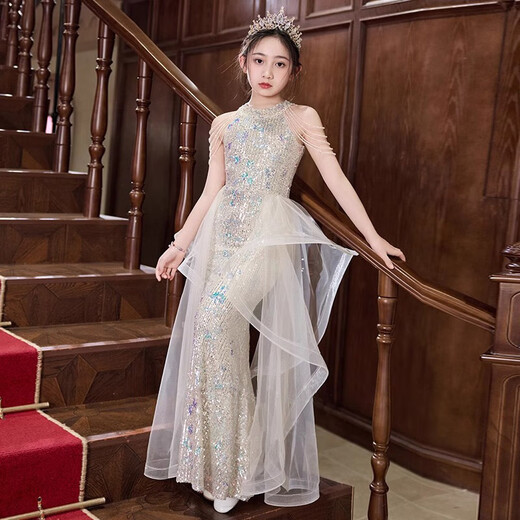 Hanquan girls' catwalk dress, high-end 2025 new sequined fishtail children's birthday dress, small host costume, light champagne color 160, suitable for weight 80-90Jin Jin is equal to 0.5 kg