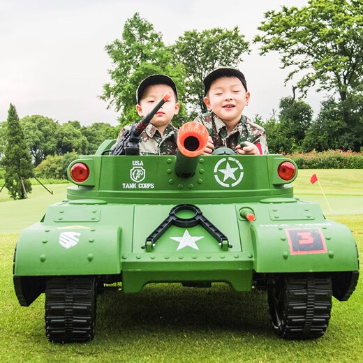 Yijing super large two-seater simulated tank children's electric car four-wheeled toy car can sit adults and children baby car two-seater + self-driving + simulated gun + power steering