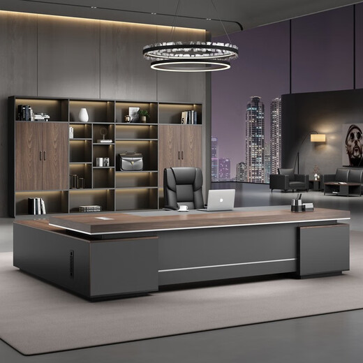 Boss desk and chair combination, high-end office, simple and modern, president computer desk, large board table, manager desk, executive desk, ebony wood + iron gray, 2.6m desk and chair + 2.8m bookcase