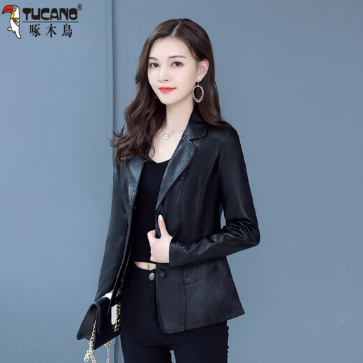 Woodpecker (TUCANO) 2025 new spring and autumn imitation leather jacket for women, short Korean version, slim fit, cotton, large size leather jacket, stylish small coat 2022910-black-thin section 2XL recommended 110-120Jin Jin equals 0.5 kg