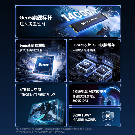 Acer PREDATOR 2TB SSD solid state drive M.2 interface (NVMe protocol) GM9000 Miki series NVMe PCIe 5.0 reading speed 14000MB/s AI computer storage accessories