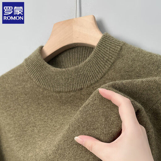 ROMON woolen sweater for men in winter thickened warm base knitted solid color 100% wool middle-aged casual all-match sweater for men bright rice camel XL recommended 140-155Jin Jin equals 0.5 kg