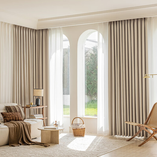 Ali cotton and linen milk tea curtains Japanese style living room and bedroom high blackout heat insulation sun protection hook 2.0 meters * 2.2