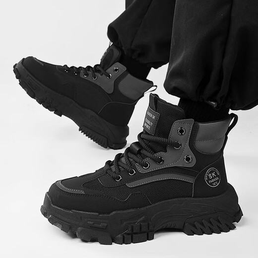 Zhenxi Martin Boots Herren Sommer dicker alleinerhöhenhöhe britischer High-Top-Arbeitsstiefel im Freien im Außenberufung von Anti-Slip-Wege-resistenten Arbeitsschuhen Schwarze Höhe von etwa 5 cm [Größe 42]