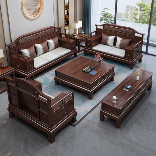 Xiebin new Chinese style ebony solid wood sofa with coffee table modern living room winter and summer dual use large apartment classical furniture storage 1+1+3+generous coffee table