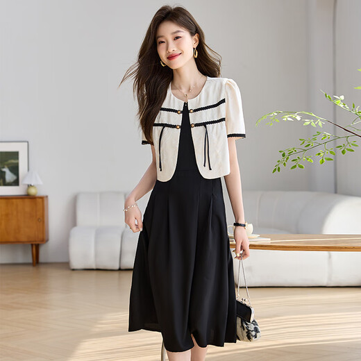 黎依奴（LISLAVE）新国风女装短袖披肩两件套连衣裙2024新款夏季立领印花吊带裙子 黑色679 L