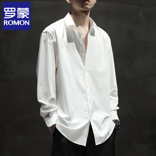 罗蒙（ROMON）夏季冰丝薄款白色长 短袖衬衫外套男大码宽松免烫垂感衬衫 白色【冰丝短】844 3XL 适合160-180斤