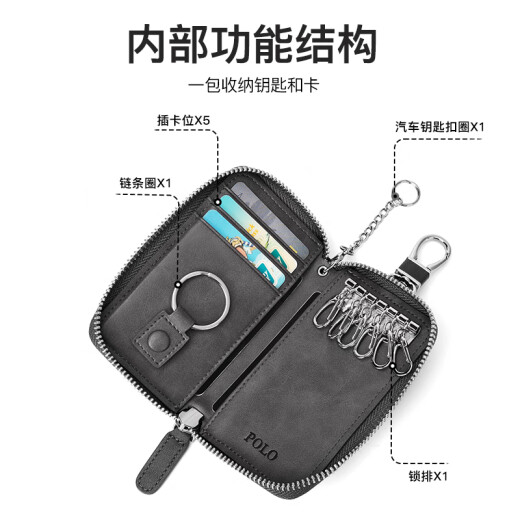 POLO钥匙包男士头层牛皮腰挂钥匙扣多功能零钱包牛皮卡包二合一父亲节