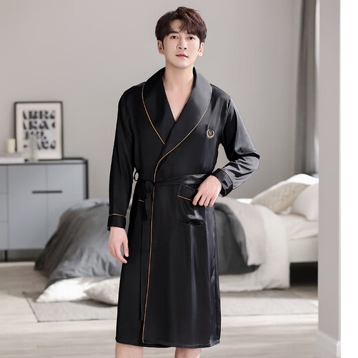 
Modal nightgown men's summer thin ice silk pajamas men's long yukata bathrobe one-piece large size loose home clothes spring and autumn dark black [ice silk breathable, delicate and smooth] XL [recommended 130-150Jin [Jin equals 0.5 kg]]