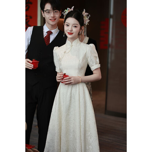 麦斯贝思白色旗袍订婚衣服连衣裙平时可穿领证登记礼服女宴会晚礼服小个子 白色 S  建议86-95斤