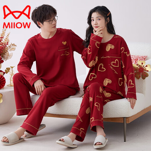 猫人（MiiOW）新款红色睡衣结婚新婚情侣套装男女冬秋季新款纯棉长袖喜庆家居服 9227女【双喜临门】 L ( 120斤)