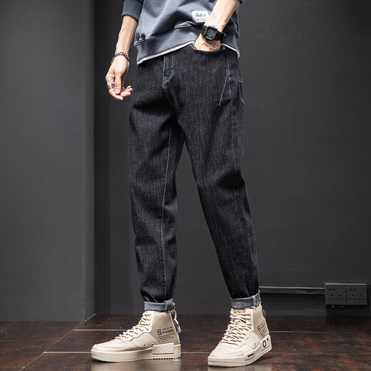 Jeans men's spring and summer new elastic straight-leg pants loose trendy brand Harren casual trousers 6621 black 38