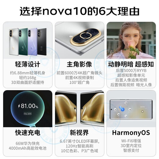 Huawei HUAWEI nova10 front 60 million wide angle Hongmeng OS2 system second-hand mobile phone 99 new Magic Night Black nova 10z 8GB+256GB 99 new