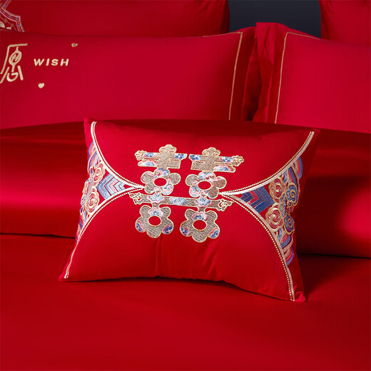 NOAHER New Chinese Wedding Four-Piece Set Newly Wedding Cotton Wedding Six-Piece Set Chinese Style Embroidered Wedding Room Bedding Kit Romantic Wedding 1.5m Bed Sheet Four-Piece Set-200*230 Quilt Set