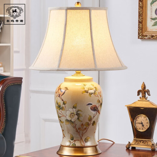 San Martino European copper ceramic table lamp bedroom bedside neoclassical pastoral American living room table lamp large pattern color large linen round cover (height 70 width 47) button switch