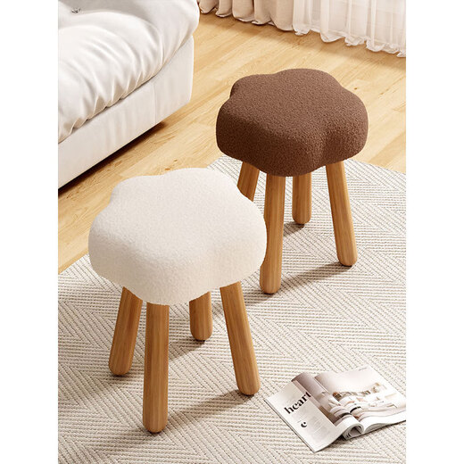 Makeup Stool Chair Dressing Stool Girls' Bedroom Home Dressing Stool Cream Style Light Luxury High-end Cloud Stool YX-D9 White Solid Wood Legs - Off-white - Lamb Velvet