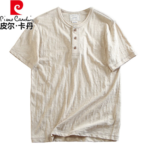 
Pierre cardin single bamboo joint cotton + linen summer men's thin breathable solid color Henry neck tough guy casual short-sleeved T-shirt beige L