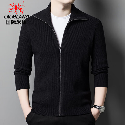 International Milan high-end brand men's 100% pure wool sweater men's autumn and winter zipper lapel knitted cardigan warm jacket sweater dark gray thickened M/105/48 recommended 95-115Jin Jin equals 0.5 kg