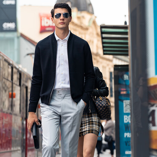 Mr. Bu's new spring and autumn wool cardigan jacket long-sleeved solid color clothes for middle-aged men BT12016 smoke pine green L (175)