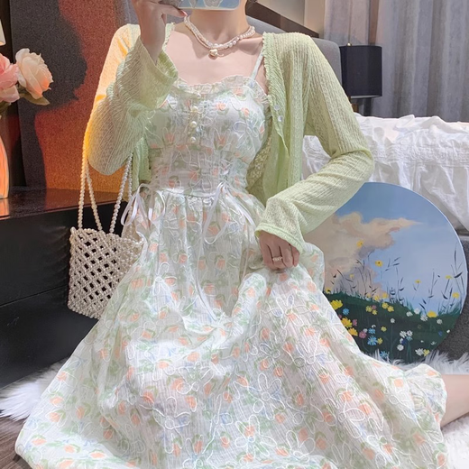 凡小如碎花吊带连衣裙女高级感套装两件套春夏法式中长款温柔风气质女装 开衫+吊带裙两件套 L 【建议105-115斤】