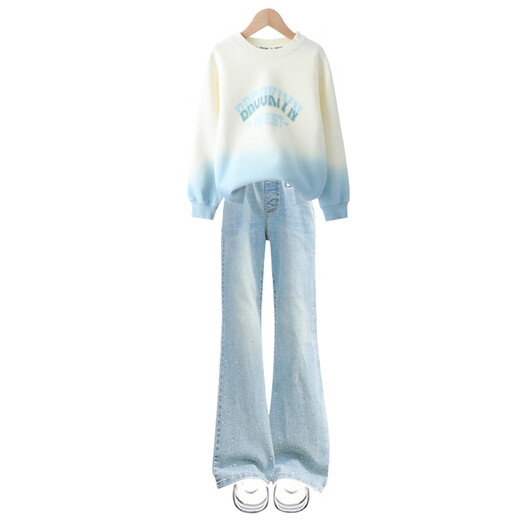 Yoyo One (Yoyo One) Girls Anzugsanzug Frühlings- und Herbst -Kinder -neue Herbstkleidung modische Sweatshirt Frühling und Herbst große Kinder Jeans 12 Jahre alt 4882 White + 13131 Blau [Frühlings- und Herbststil] 150