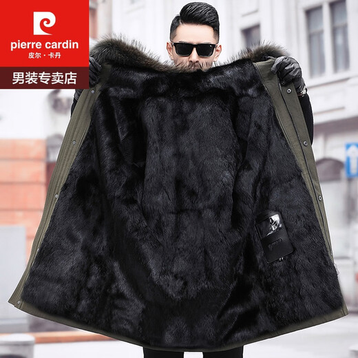 Pierre Cardin (Pierre Cardin) Park Overcoming Men's Winter Mink Coat Mabinet Fur Fur Fur intégré Haune Veste en cuir authentique Veste à capuche Green militaire L