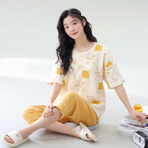 顶瓜瓜睡衣女纯棉带胸垫短袖七分裤套装女休闲夏季薄款睡衣家居服 STS 2629-D# L（建议110-120斤）