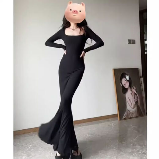 Pingyu Bubu Shenglian square neck long-sleeved fishtail arm-wrapped dress for women, autumn temperament, slim waist, slimming and sexy long skirt, black L