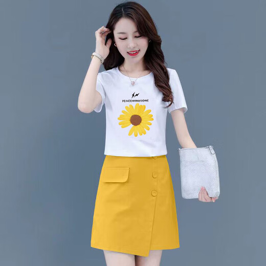 Feni Dongjue small dress suit for women summer 2025 new T-shirt two-piece short skirt for female students A-line skirt Han 6199# white top + yellow skirt suit S