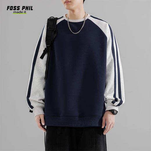 Foss Phil撞色卫衣男秋冬季休闲潮牌宽松圆领美式T恤打底衣8891藏青色XL