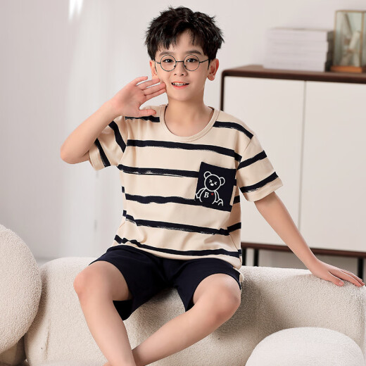 曼妮朵男童睡衣夏季新款儿童短袖男孩大童青少年纯棉条纹学生家居服套装 F724【双短男童】 150 S码建议145-155cm