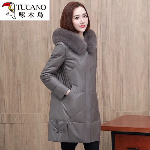 Woodpecker 2024 New Haining Leather Down Jacket Women's Genuine Leather Mid-Length Sheepskin Fur Jacket Plus Velvet Thickening Purple Gray XL Recommended 115-130 Jin Jin equals 0.5 kg