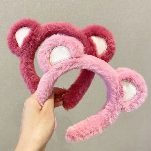 Jieyi Korean version of Internet celebrity Strawberry Bear plush hairband for girls new hairpin anti-slip headband cartoon cute face wash headband red and pink strawberry bear headband (two packs)