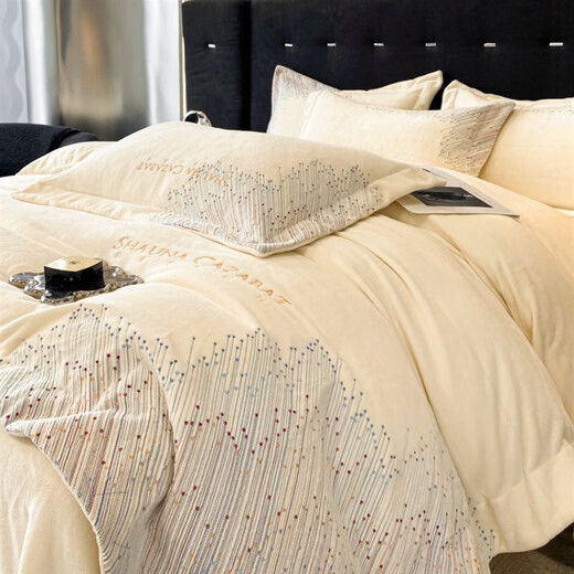 Mercury series autumn and winter light luxury milk velvet four-piece baby velvet thickened warm quilt cover embroidered bedding baby bed sheet supplies SR Meteor-Bentley Blue 2.0m bed sheet style four-piece quilt cover 220*240