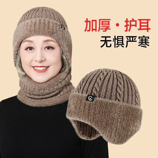 Lugeli middle-aged and elderly hats for women and men winter ear protection windproof plus velvet warm wool hat gift for grandma, old lady and mother, khaki hat + scarf