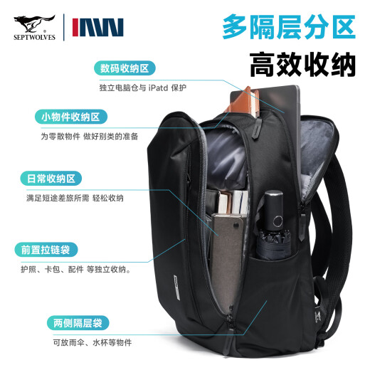 Seven Wolves 2025 Nuevo viaje de viaje para la mochila para hombres Viaje de negocios de corta distancia de corta distancia Viajes grandes capacidad de computadora Bag Black