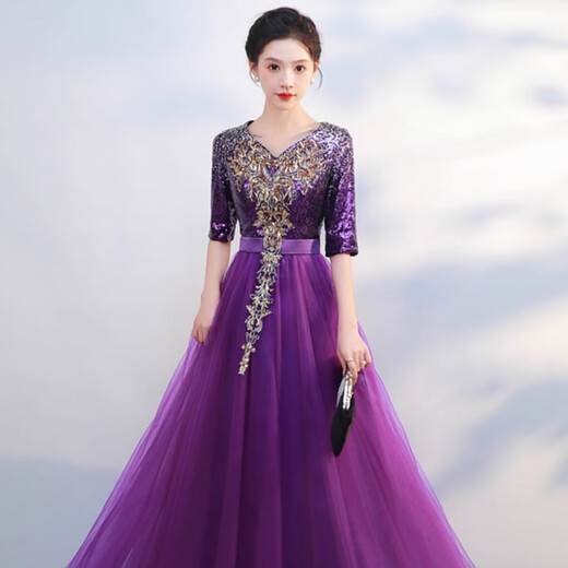 Li Baixin large choir performance clothing female adult host conductor stage performance clothing purple new evening dress banquet dress purple XL recommended 110-120Jin Jin equals 0.5 kg