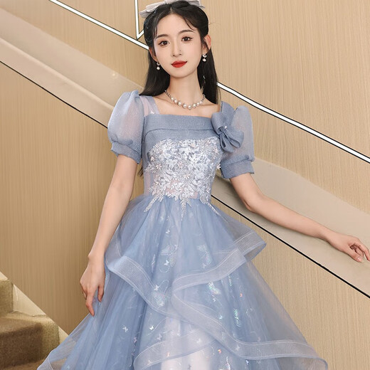 丽佰昕蓝色小晚礼服2025新款宴会高级感法式学生艺考小众主持人蓬蓬裙女 蓝色中长 L  建议100-110斤
