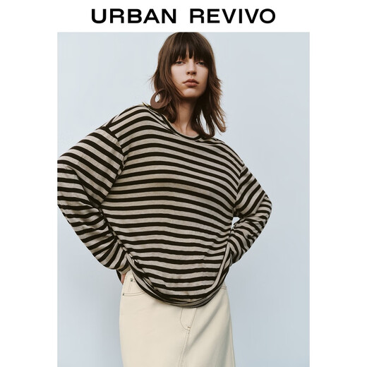 UR2025 new autumn women's temperament daily contrast striped long-sleeved T-shirt UWM450132+ brown striped S