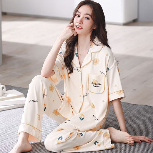 浪莎（LangSha）2025年新款睡衣女式夏季短袖长裤翻领开衫中年妈妈家居服可外穿 PDDQ9922 L 【建议100-120斤】