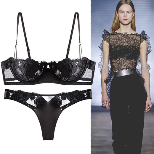 Victoria Palace Plus Size Bra Thin Cup Sexy Lace Half Cup Push Up Bra Thong Underwear Set Women's Small Bra Black M