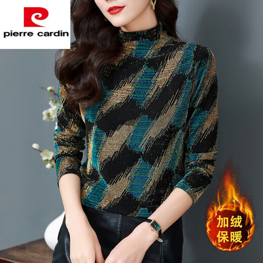 Pierre Cardin velvet thickened T-shirt for ladies, autumn bottoming shirt for women, Yiwu middle-aged 2025 spring and autumn new model, half-high collar, geometric velvet XL, suitable for weight 115-130