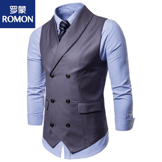 罗蒙（ROMON）【标准型马甲】英伦男式双排扣西服领背心时尚简约韩版复古西装马 黑色 M (约适合160-170高120斤内穿)